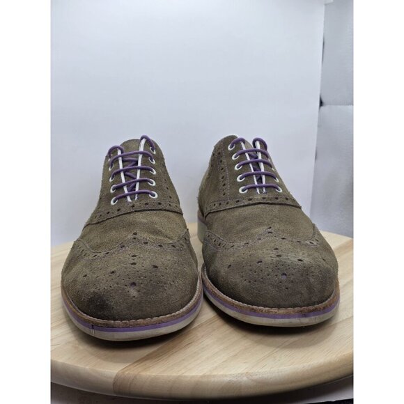 Johnston & Murphy Ellington Wingtip Oxford Shoes Mens 12 Suede Khaki/Purple - Picture 2 of 9